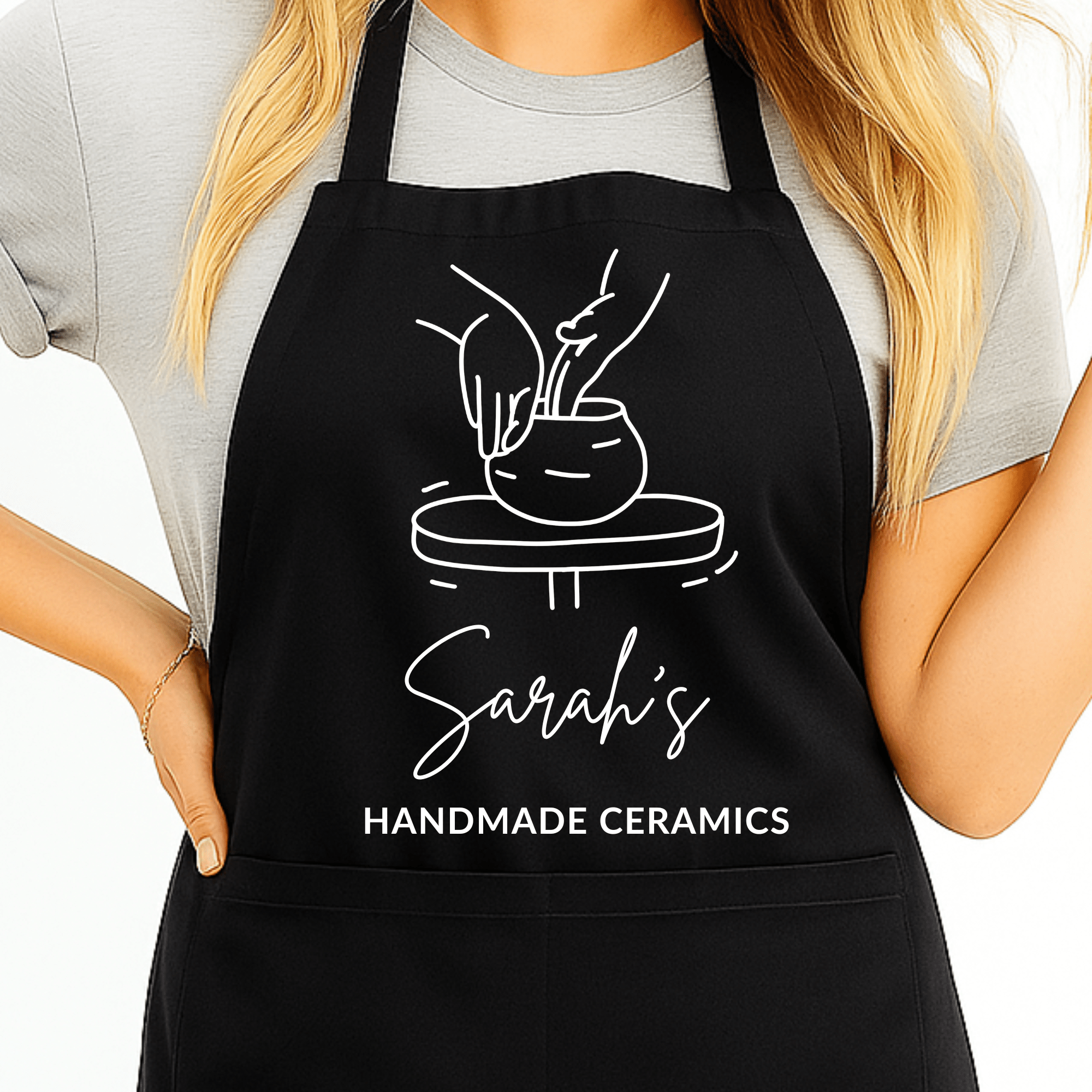 Gepersonaliseerd Pottenbakkers Schort met Pot en Draaischijf - Zwart - Hey BB